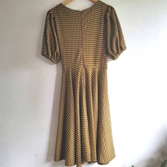 Eva Franco, Faux Wrap Waist Midi Length Dress, Mustard/Orange/Navy, Size 8 - Picture 2 of 9